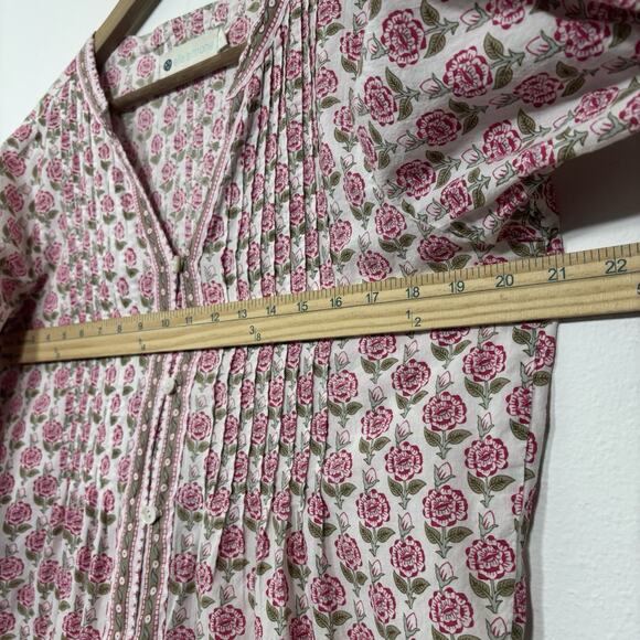 Ella Simone Pink Floral Button Up Top Medium Pleated Tunic Boho Girly Cottage - Picture 7 of 8